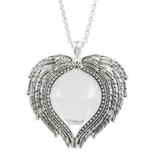 Angel Wing Heart Magnifying Glass Long Silver Necklace